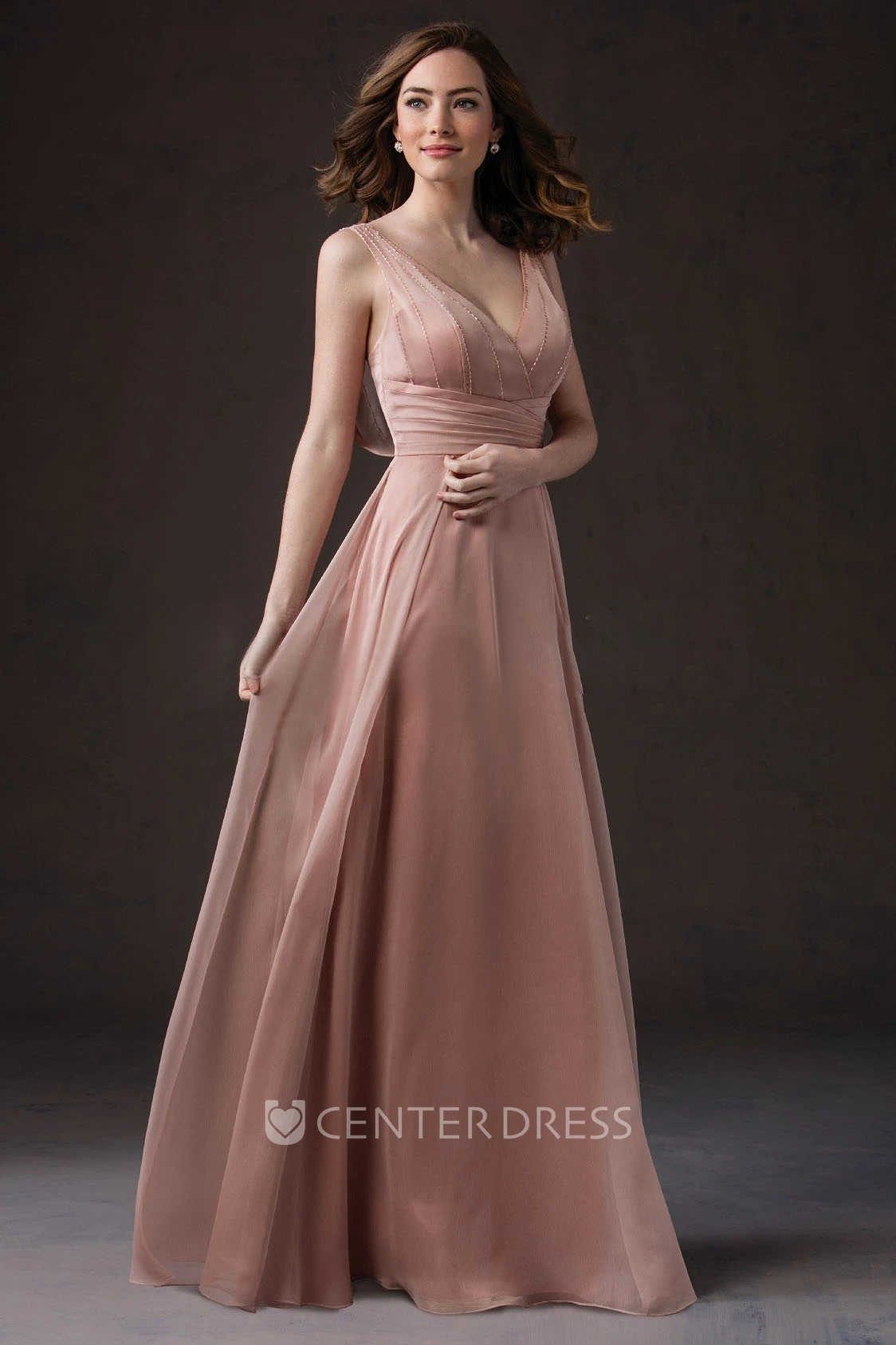 V-Neck Sleeveless A-Line Long Bridesmaid Dress With Crystals And V-Back