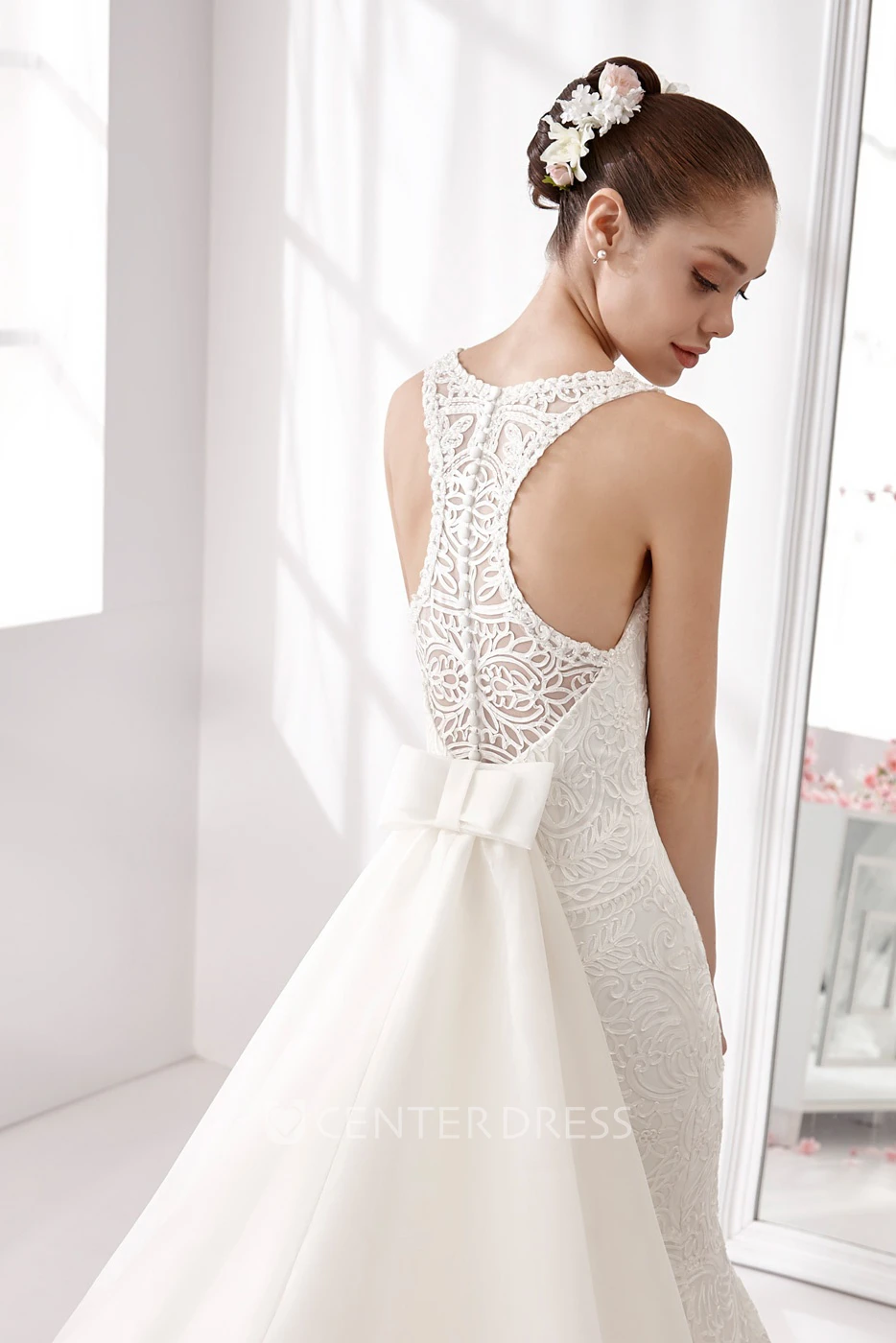 Jewel-Neck Mermaid Lace Wedding Dress With Sheath Style And Detachable Back Bow Train