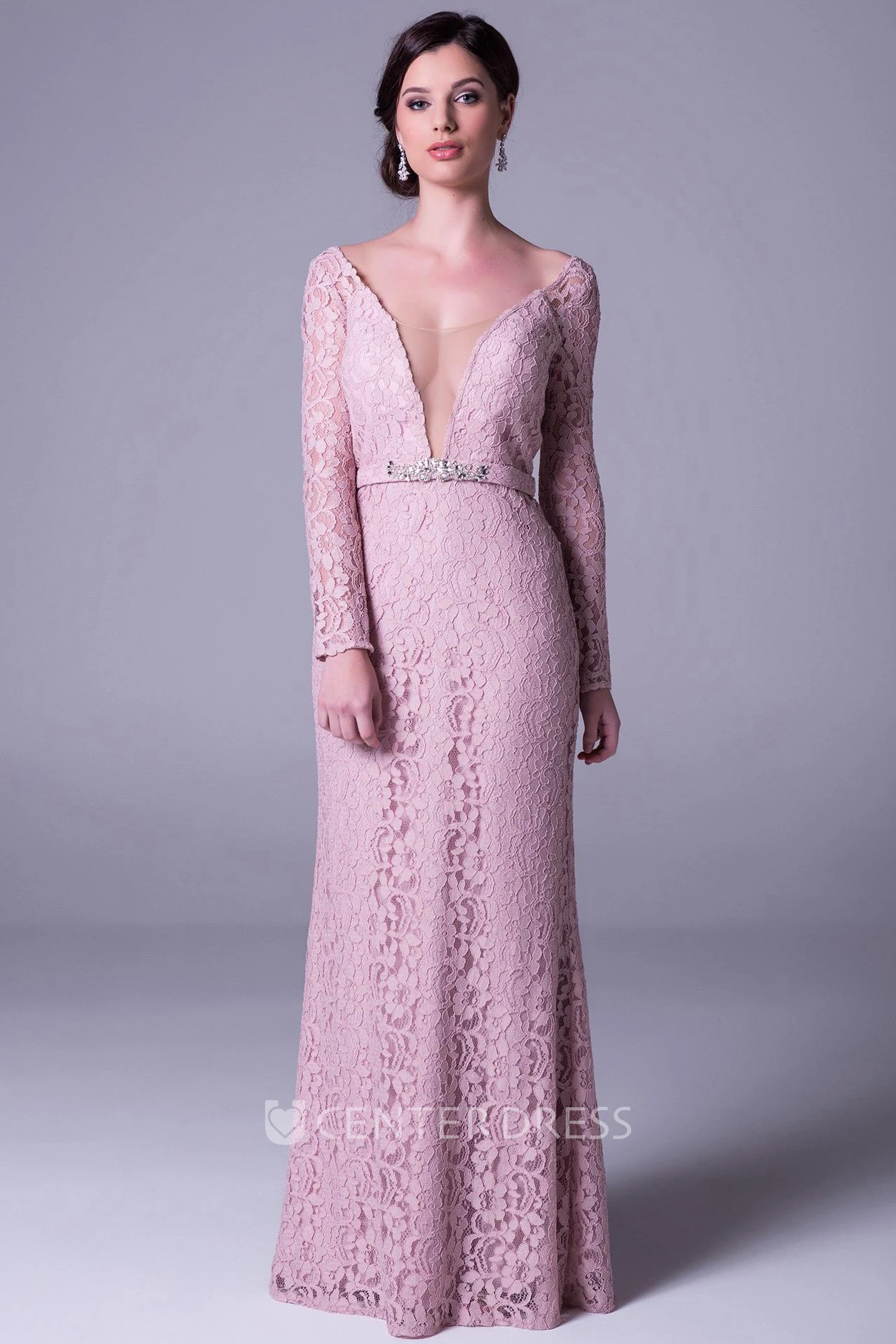 Sheath Jeweled Scoop Neck Long Sleeve Lace Prom Dress With Deep-V Back