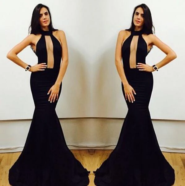 Sexy Black High-Neck Mermaid Prom Dresses Floor Length Evening Gowns
