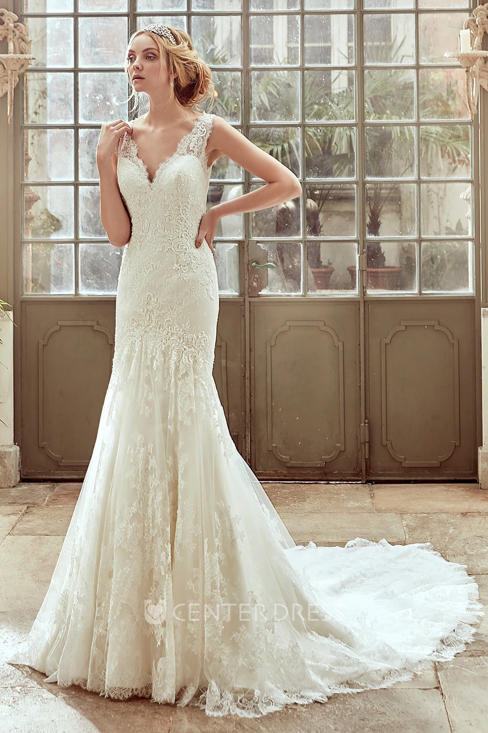 Strap-Neck Lace Wedding Dress With Illusive Back and Chapel Train