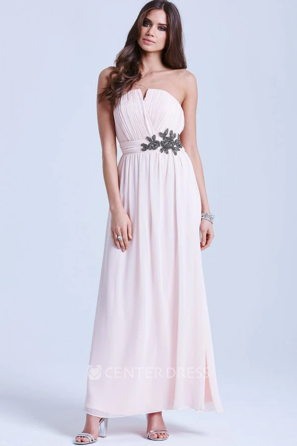 Notched Ankle-Length Sleeveless Beaded Chiffon Bridesmaid Dress With Ruching