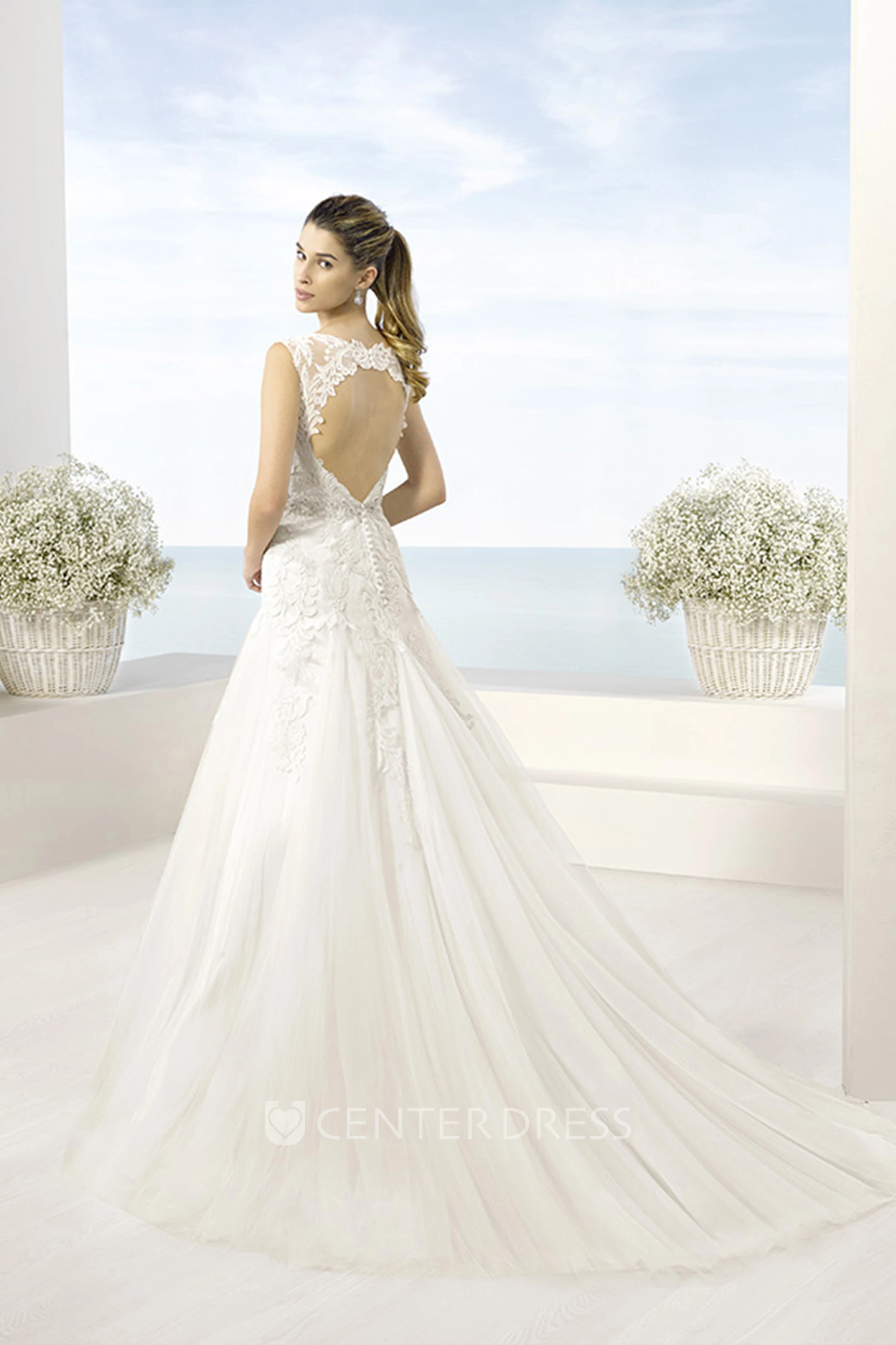 A-Line Floor-Length Sleeveless Appliqued V-Neck Tulle Wedding Dress With Waist Jewellery And Pleats