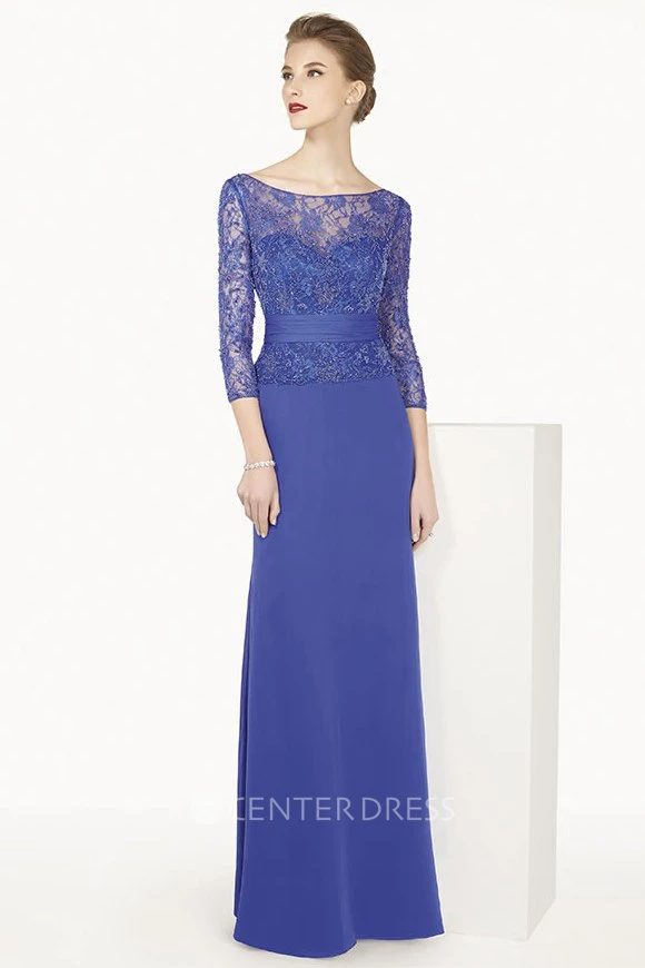 Bateau 3-4 Sleeve Long Prom Dress With Lace Top And Back Keyhole