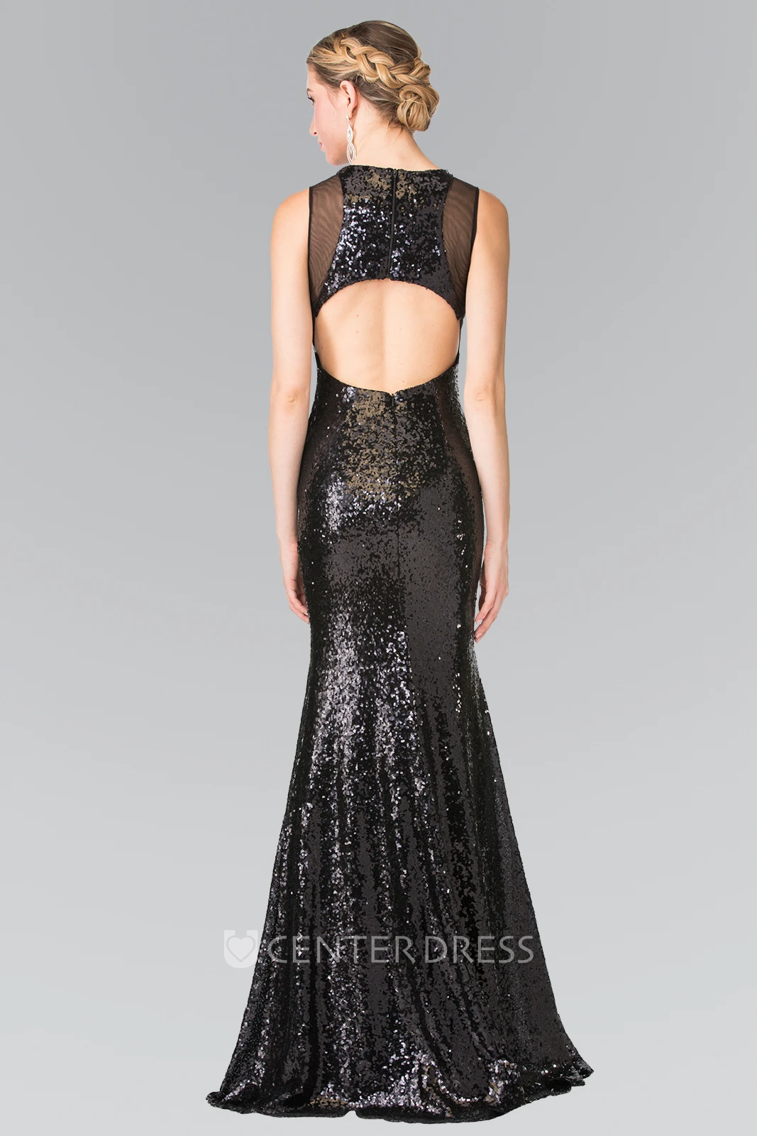 Sheath Long Jewel-Neck Sleeveless Sequins Keyhole Dress