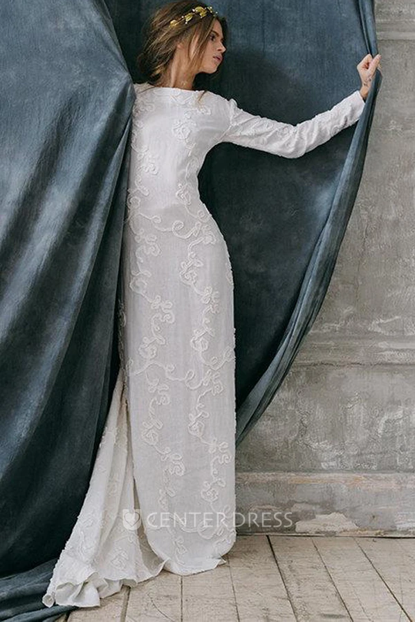 Jewel-Neck Sheath Floor-Length Dress With Appliques And Deep-V Back
