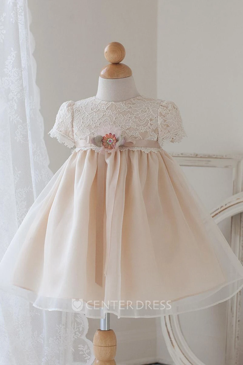 Tea-Length Floral Bowed Lace&Organza Flower Girl Dress With Ribbon