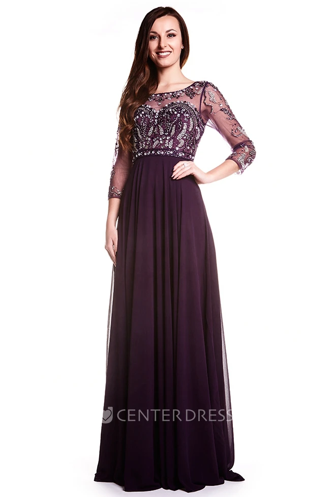 A-Line Floor-Length Bateau-Neck Beaded 3-4-Sleeve Chiffon Prom Dress With Pleats