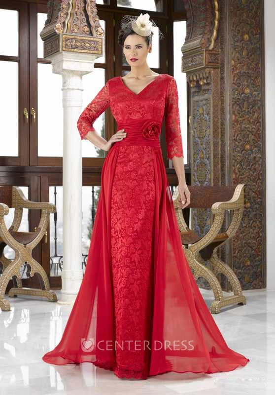 V-Neck Floral Long Sleeve Lace Mother Of The Bride Dress With Appliques