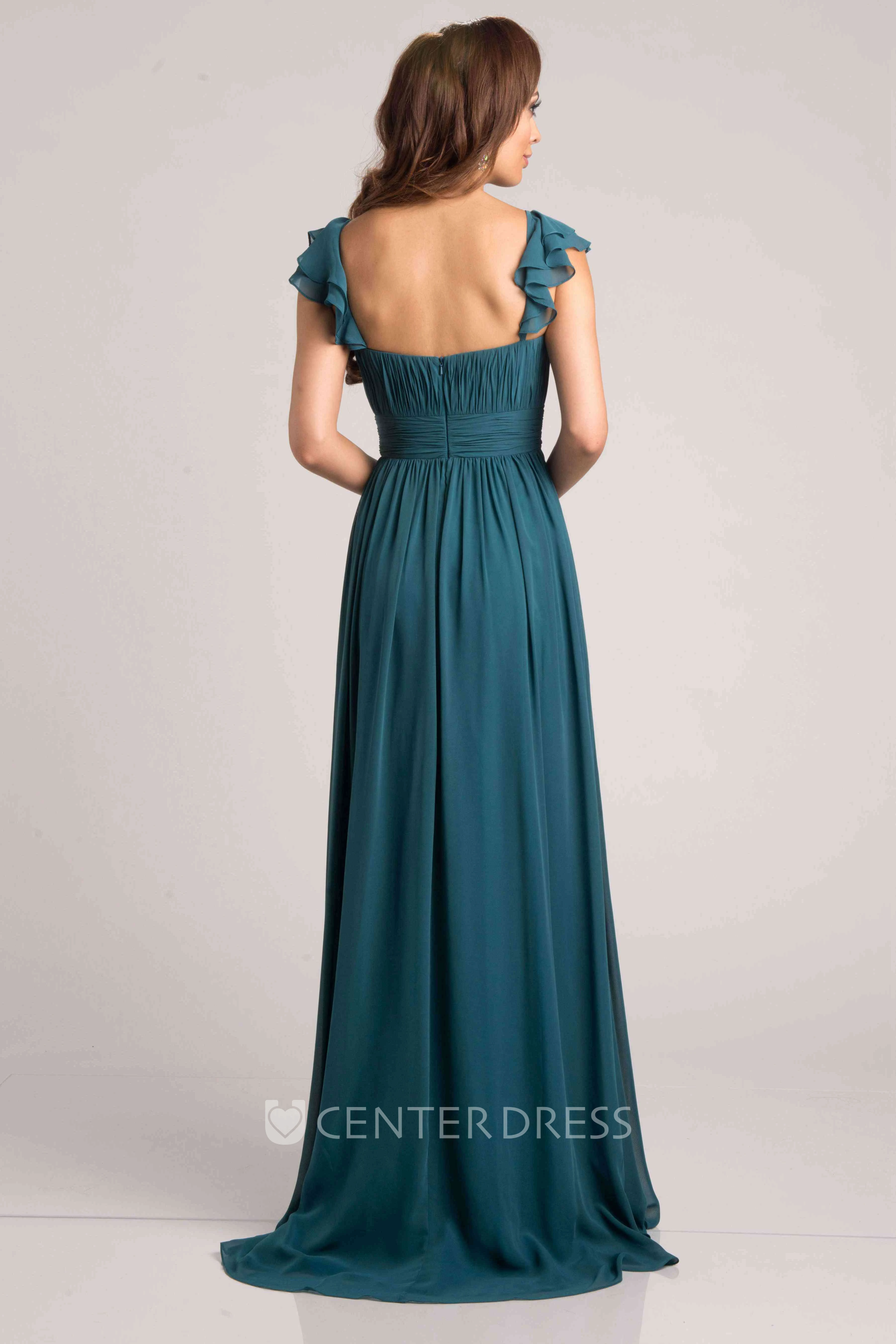 Pleated A-Line Sleeveless Chiffon Bridesmaid Dress With Ruffle Shoulders