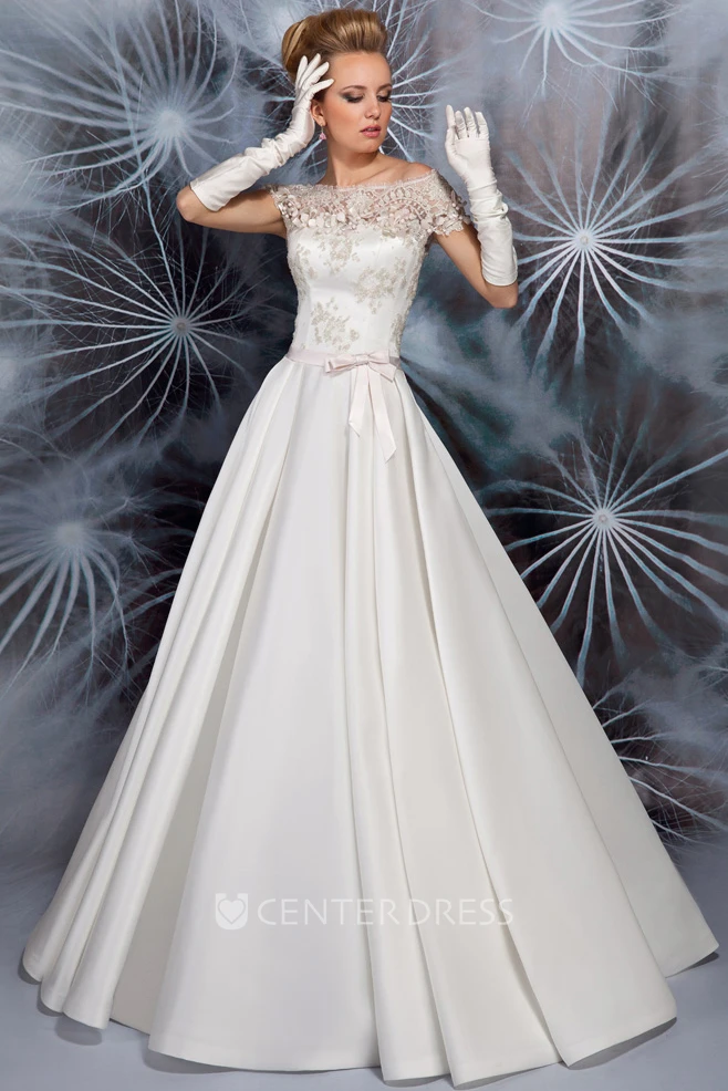 A-Line Maxi Appliqued Cap Sleeve Bateau Neck Satin Spring Wedding Dress