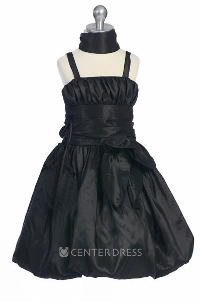 Tea-Length Straps Bowed Split-Front Taffeta Flower Girl Dress