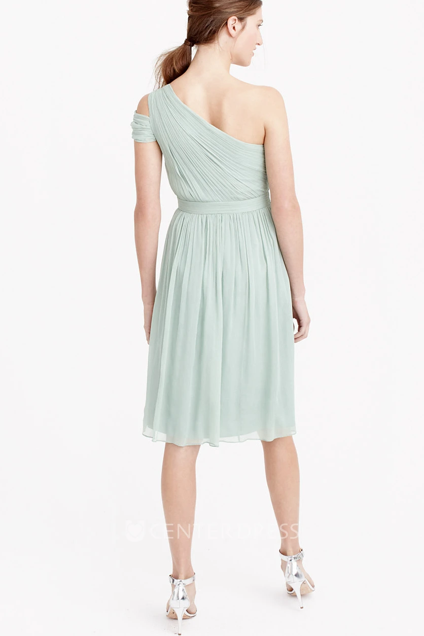 Knee-Length Ruched One-Shoulder Sleeveless Chiffon Bridesmaid Dress With Straps