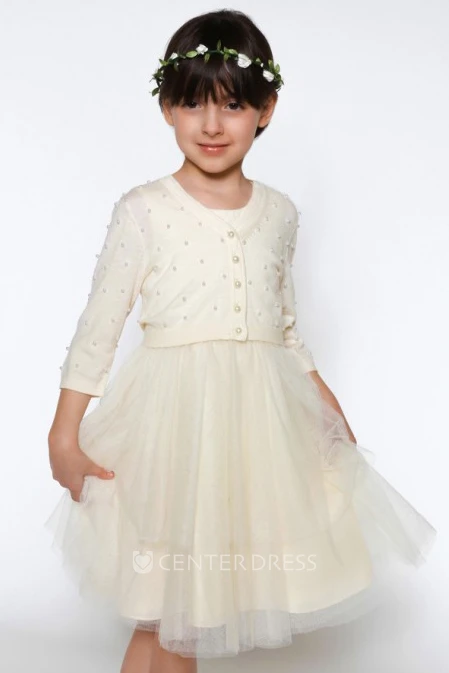 A-Line Scoop-Neck Jacket 3-4-Sleeve Long Tulle Flower Girl Dress With Pleats