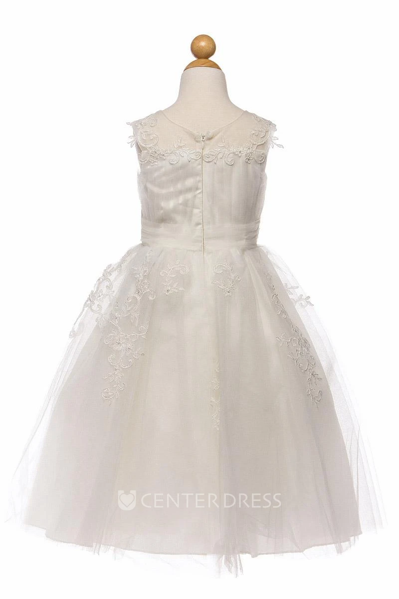 Tea-Length Embroideried Pleated Tiered Tulle Flower Girl Dress With Split Front
