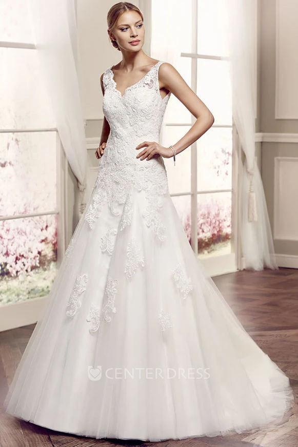 A-Line Sleeveless V-Neck Floor-Length Appliqued Lace Wedding Dress With Deep-V Back And Court Train