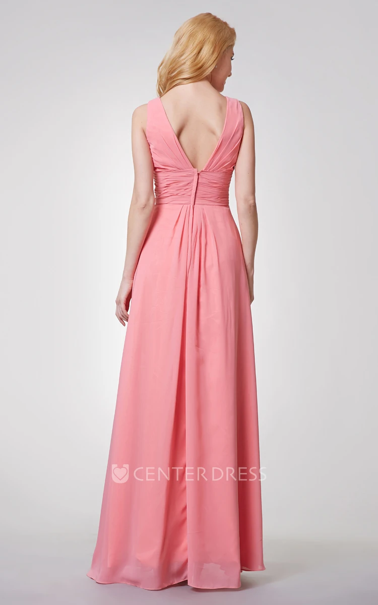 V-neck Empire Long Chiffon Bridesmaid Dress with Sexy back