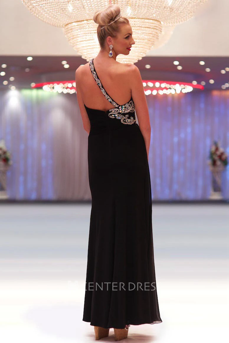 Sheath Sleeveless One-Shoulder Maxi Beaded Chiffon Prom Dress With Ruching And Split Front