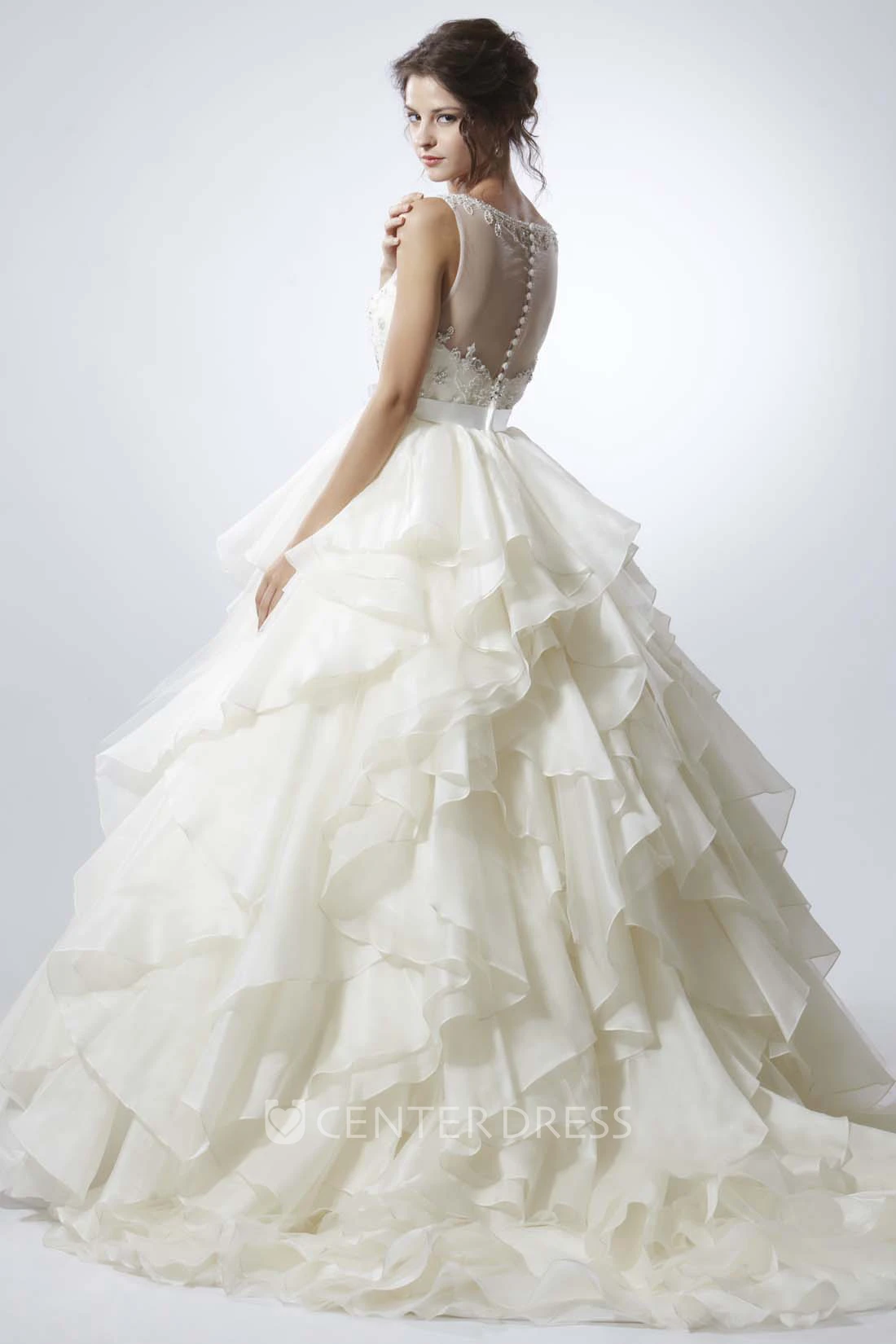 A-Line Sleeveless Scoop Floor-Length Cascading-Ruffle Organza Wedding Dress With Illusion Back And Beading