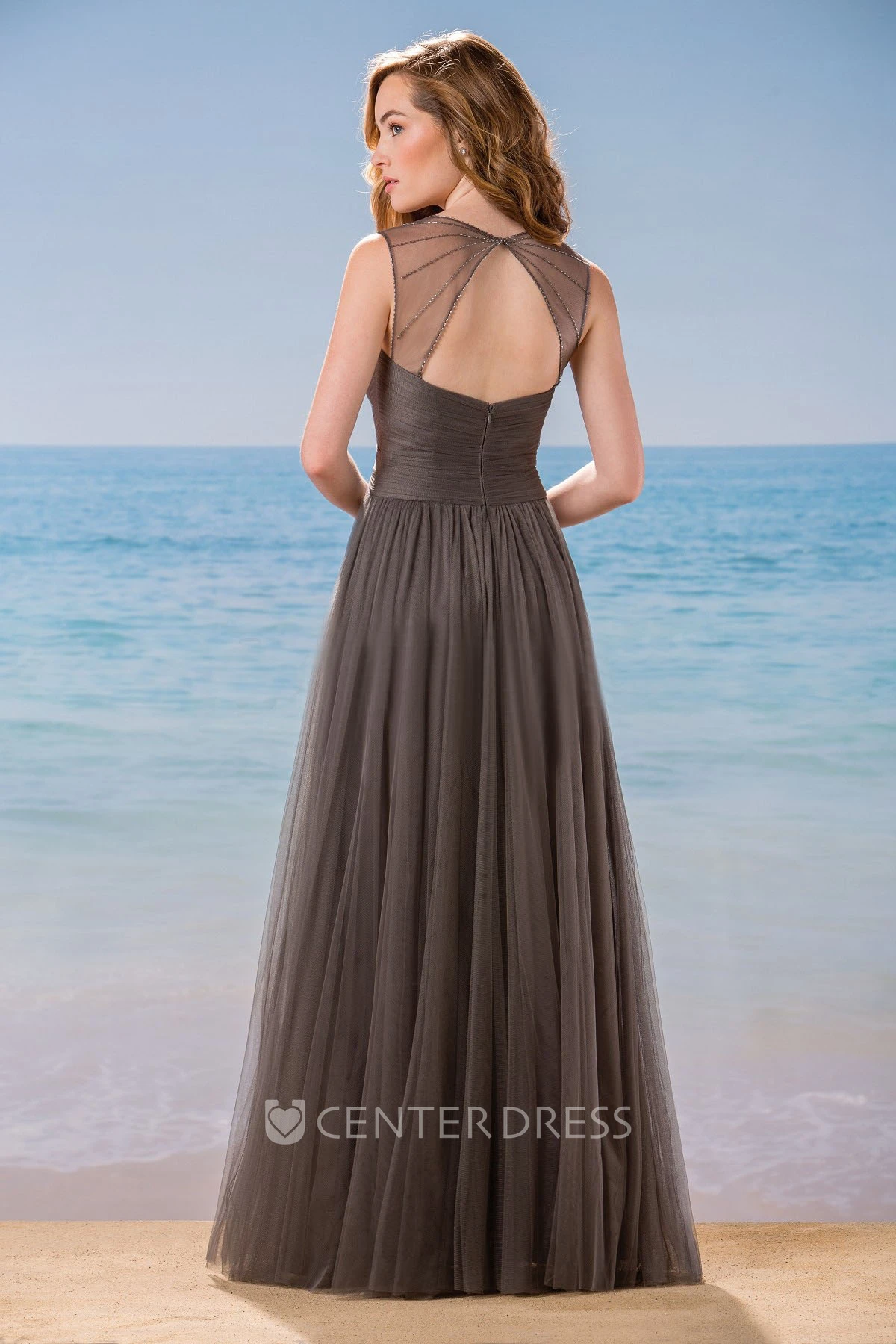 Sleeveless A-Line Tulle Gown With Crystals And Keyhole Back