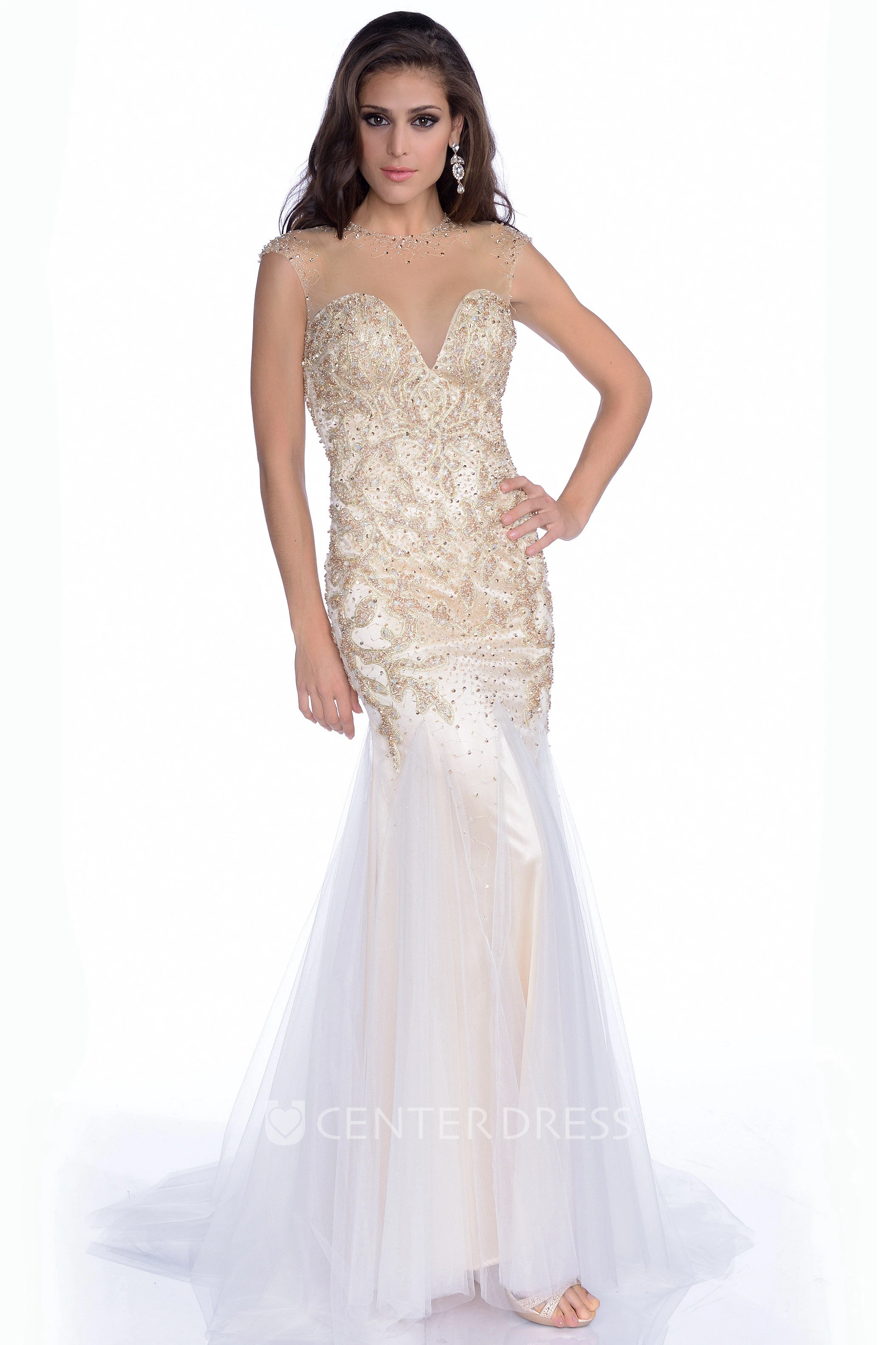 Form-Fitted Tulle Sweetheart Jeweled Gown With Keyhole Back