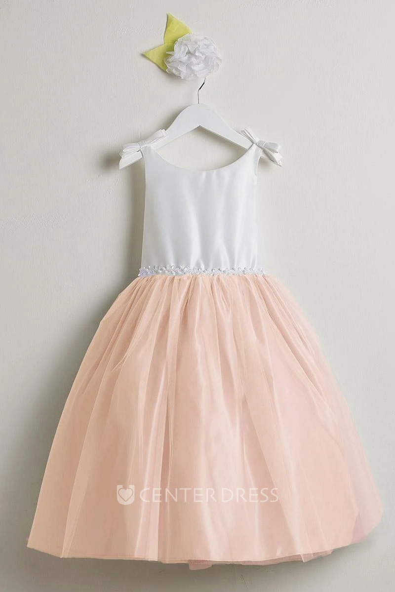 Tea-Length Bowed Sleeveless Tulle&Satin Flower Girl Dress