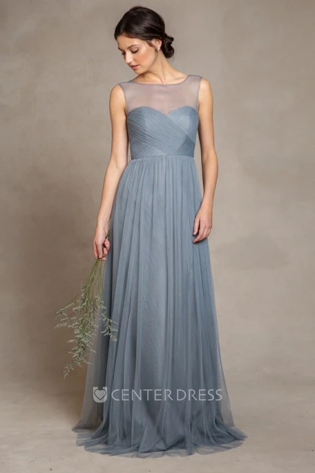 Sleeveless Bateau Neck Criss-Cross Empire Tulle Bridesmaid Dress