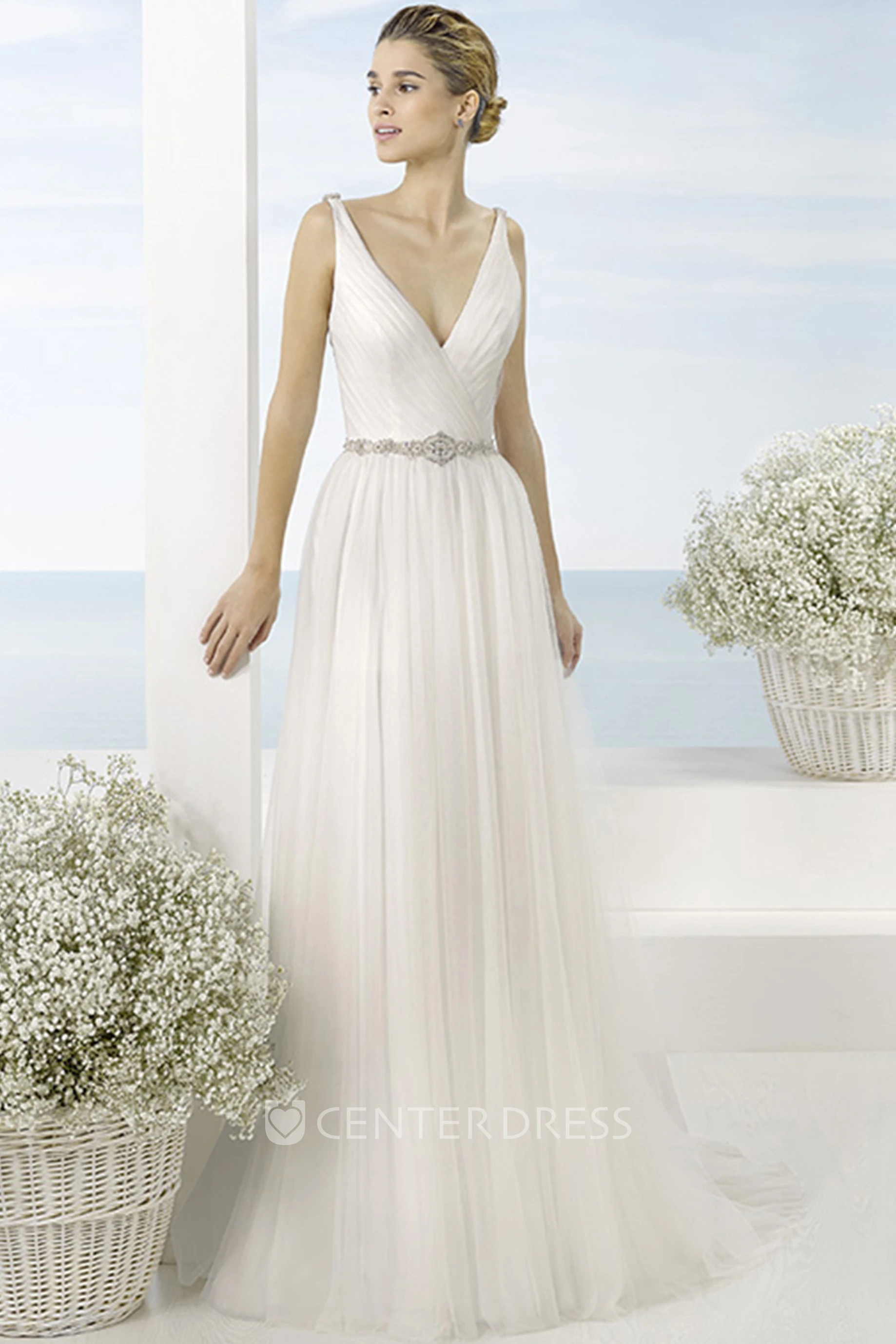 A-Line Long V-Neck Sleeveless Ruched Tulle Wedding Dress With Waist Jewellery And Low-V Back