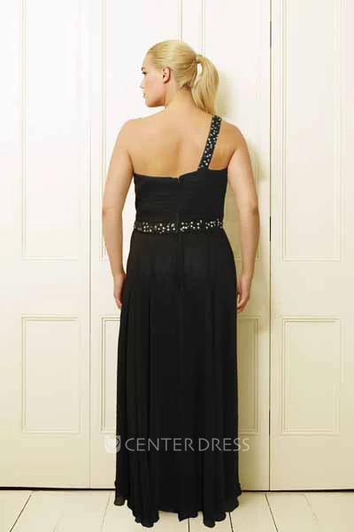 Beaded One-Shoulder Long Sleeveless Chiffon Plus Size Prom Dress With Pleats
