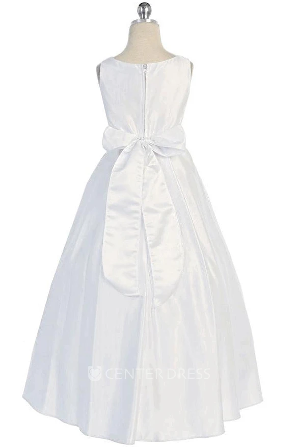 Floral Beaded Floral Satin Flower Girl Dress With Sash