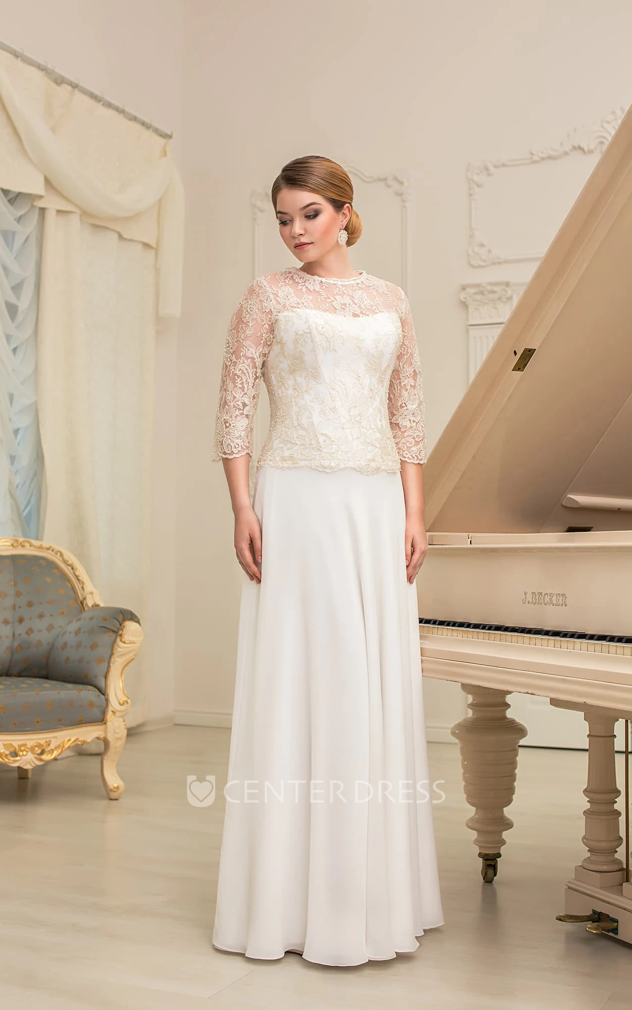 A-Line Floor-Length Jewel-Neck Illusion-Sleeve Zipper Chiffon Dress With Pleatings