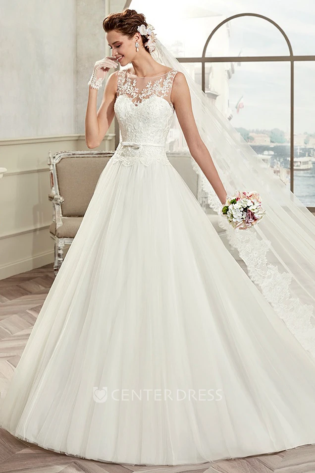 Cap Sleeve A-Line Bridal Gown With Illusive Design And Puffy Skirt