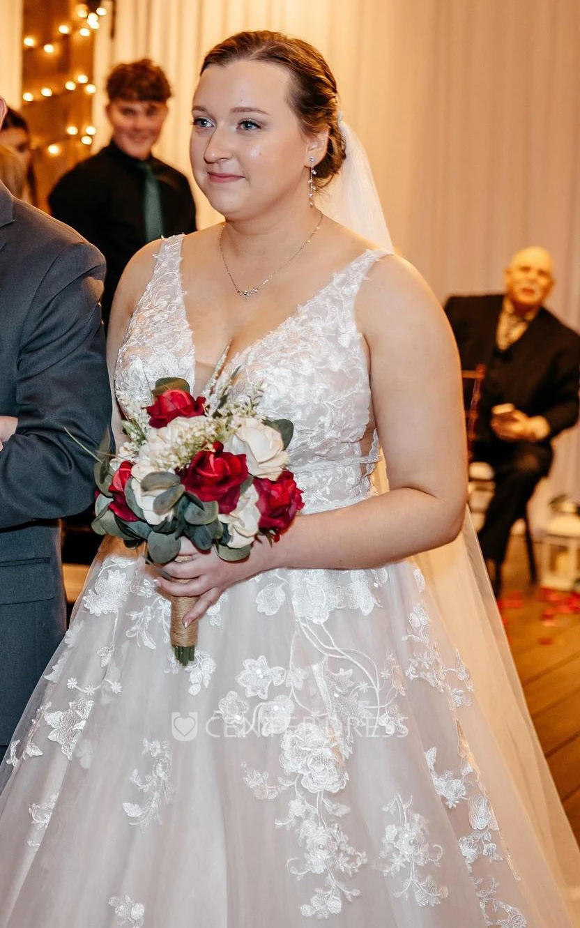 Curvy Plus Size Spring Wedding Dress with A-Line Sexy Plunging Neckline Adorable Appliques