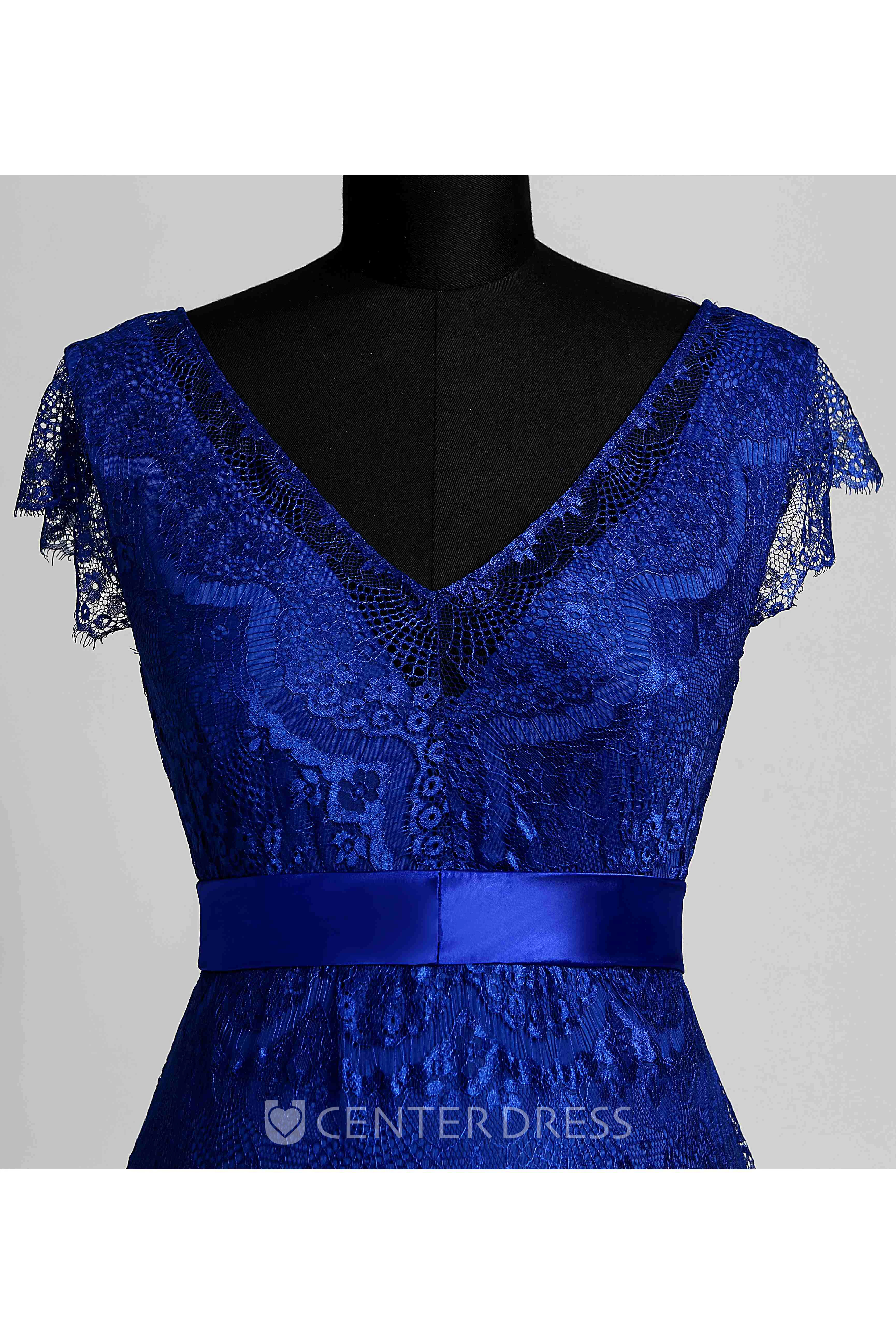 Lace A-line V-neck Cap Short Sleeve Maternity Dress with Sash/Ribbon