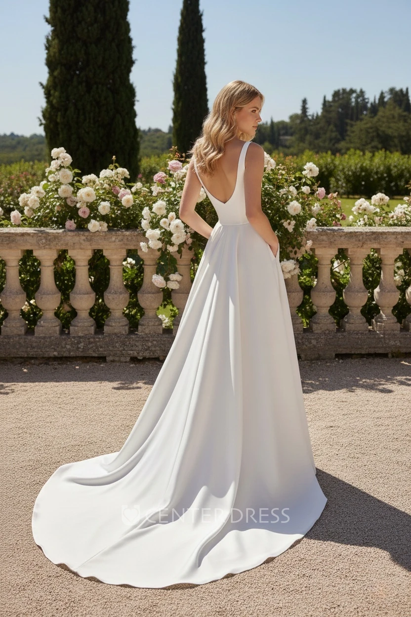Minimalist Casual A-Line Square Neck Spring Wedding Dress Simple Romantic Pleated Side Slit Low Back Court Train Bridal Gown