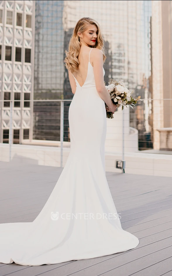  Sheath Modern Satin Wedding Dress With Low-V Back And Chapel Train