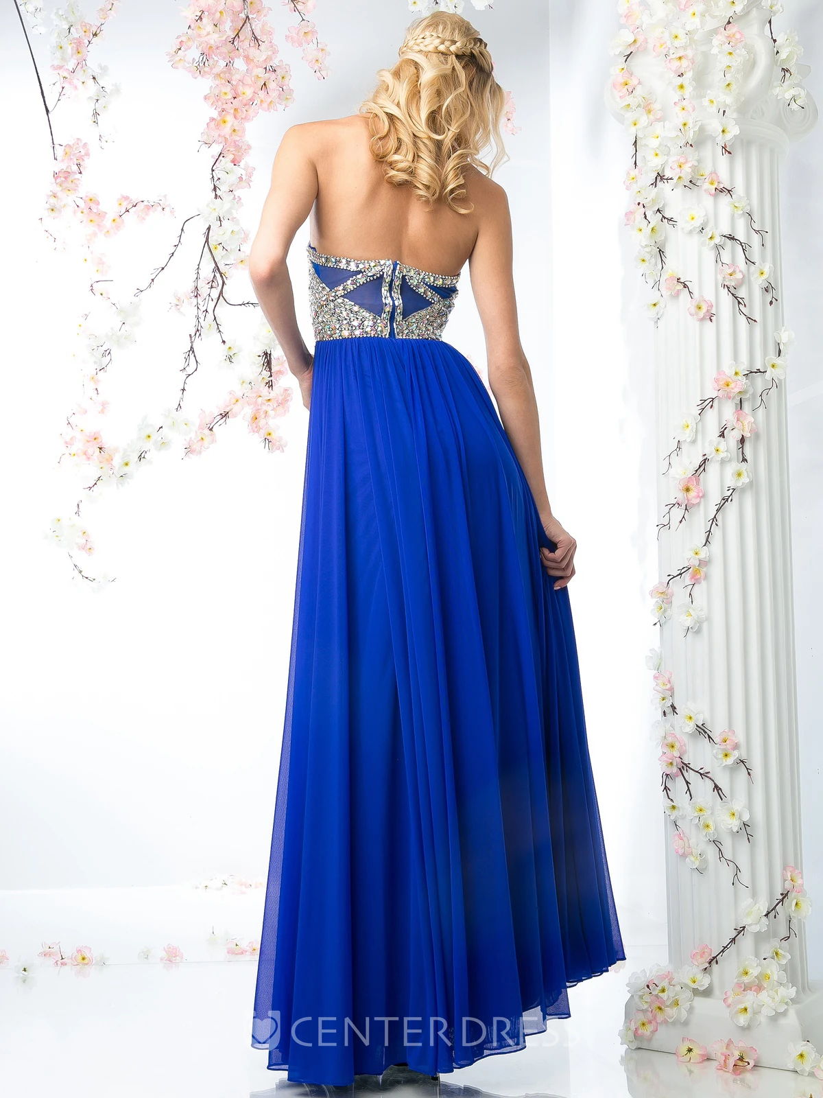 A-Line Halter Sleeveless Chiffon Backless Dress With Crystal Detailing And Pleats