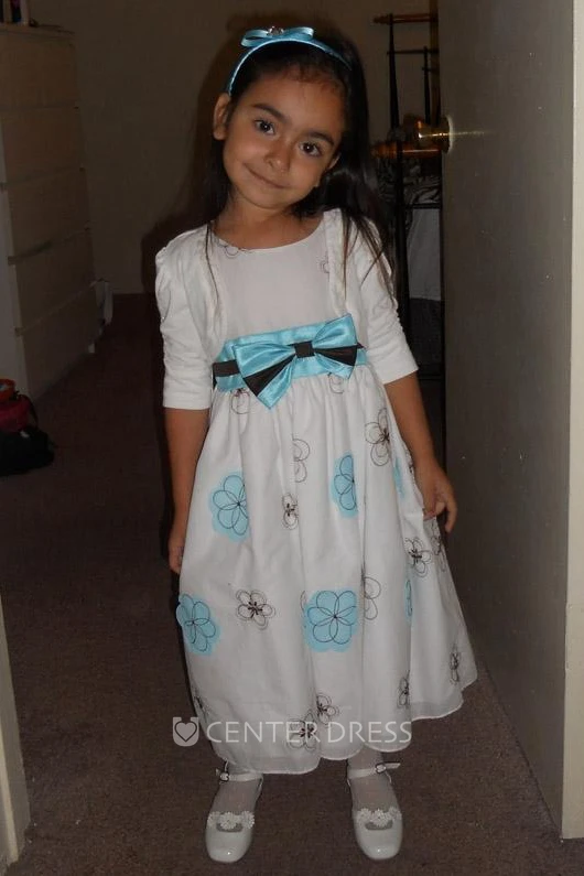 Tea-Length Bowed Embroideried Taffeta Flower Girl Dress