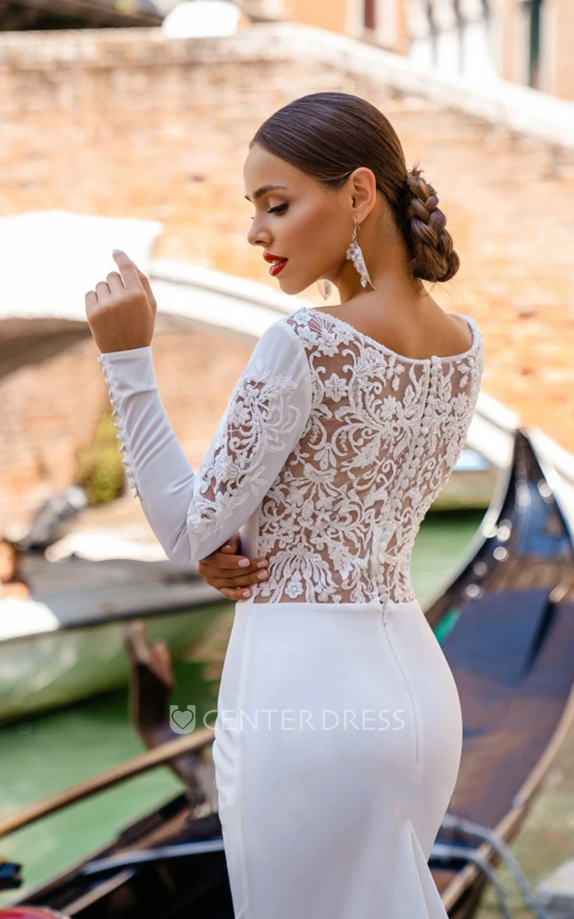 Bateau Neck Modest Vintage Long Sleeve Mermaid Floor-length Wedding Dress with Appliques