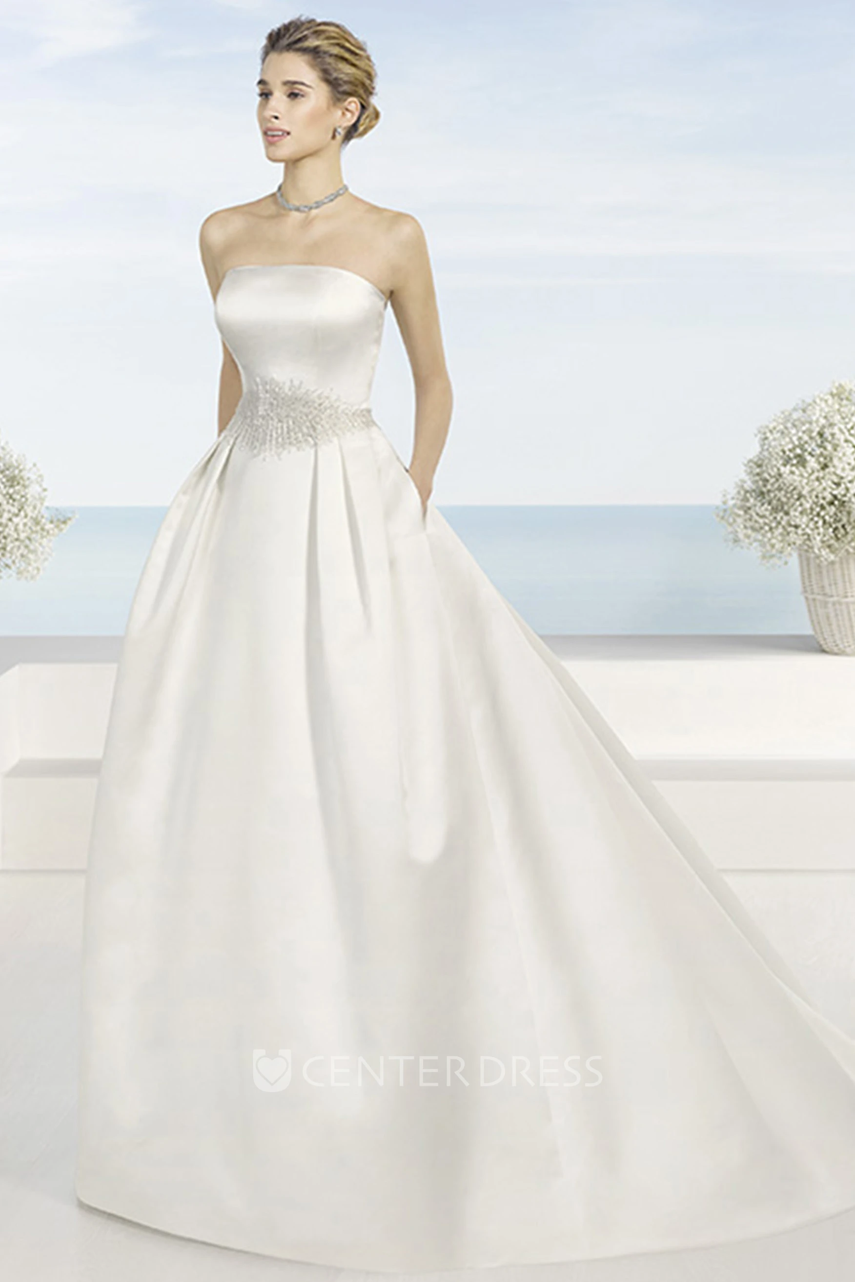 Strapless Floor-Length Beaded Satin Wedding Dress With Brush Train And V Back