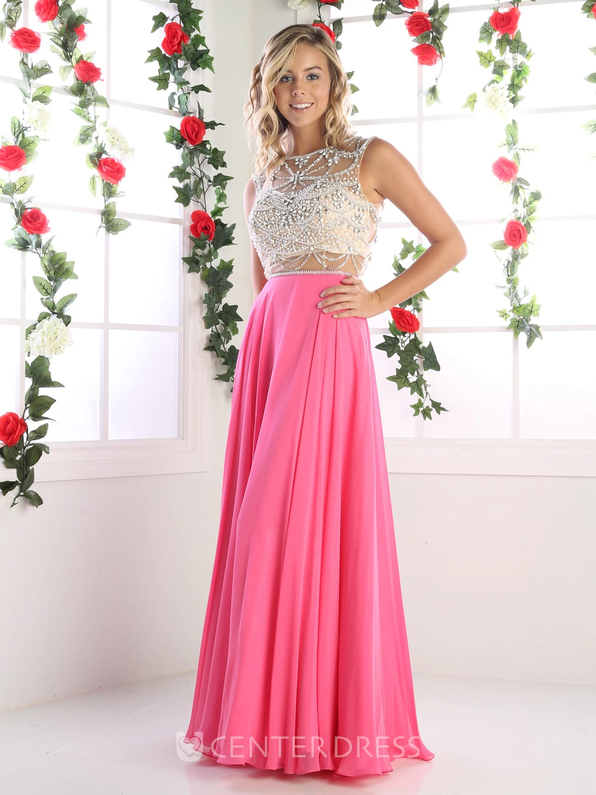 A-Line Bateau Sleeveless Chiffon Keyhole Dress With Beading And Pleats