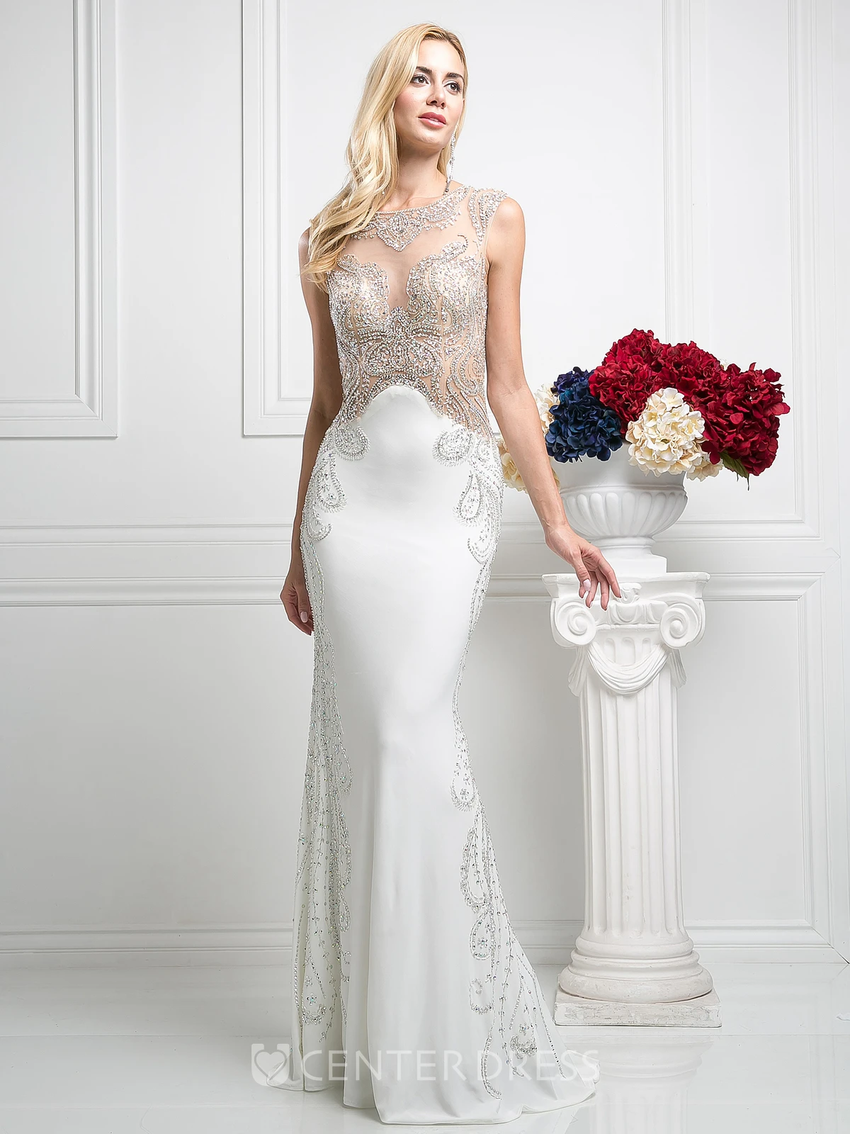 Sheath Long Bateau Sleeveless Jersey Illusion Dress With Beading