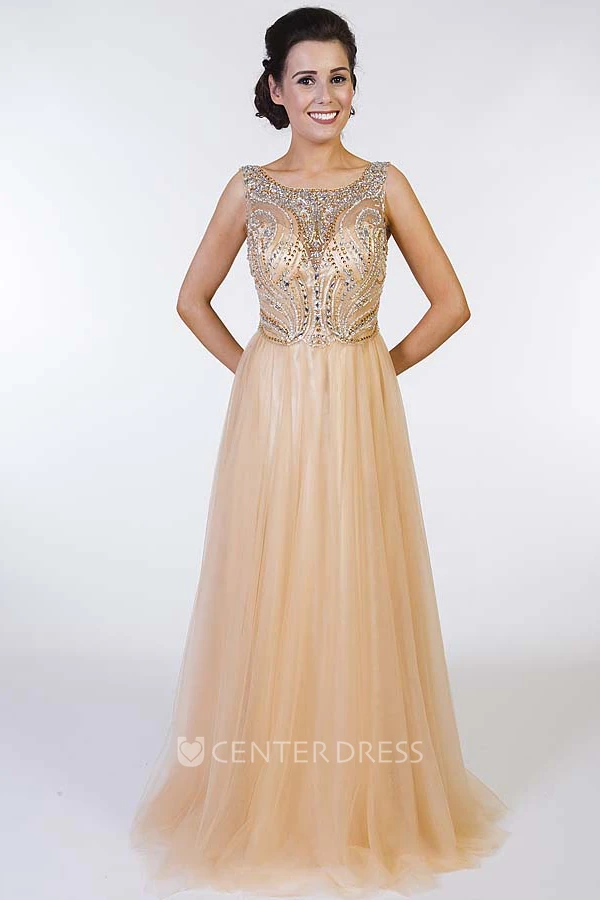 A-Line Scoop-Neck Sleeveless Floor-Length Beaded Tulle Prom Dress