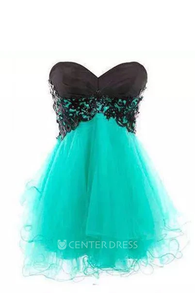 A-line Short Mini Sleeveless Sweetheart Pleats Lace Tulle Homecoming Dress