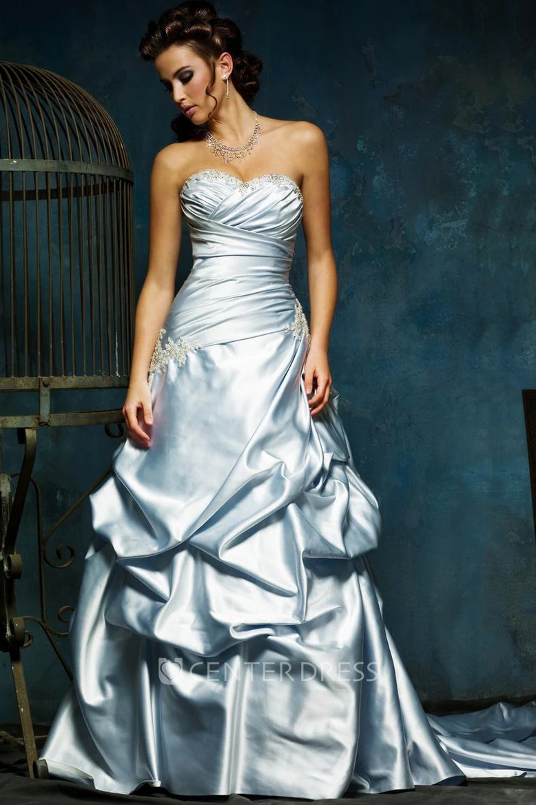 A-Line Pick-Up Sweetheart Maxi Sleeveless Satin Wedding Dress With Appliques And Cascading Ruffles