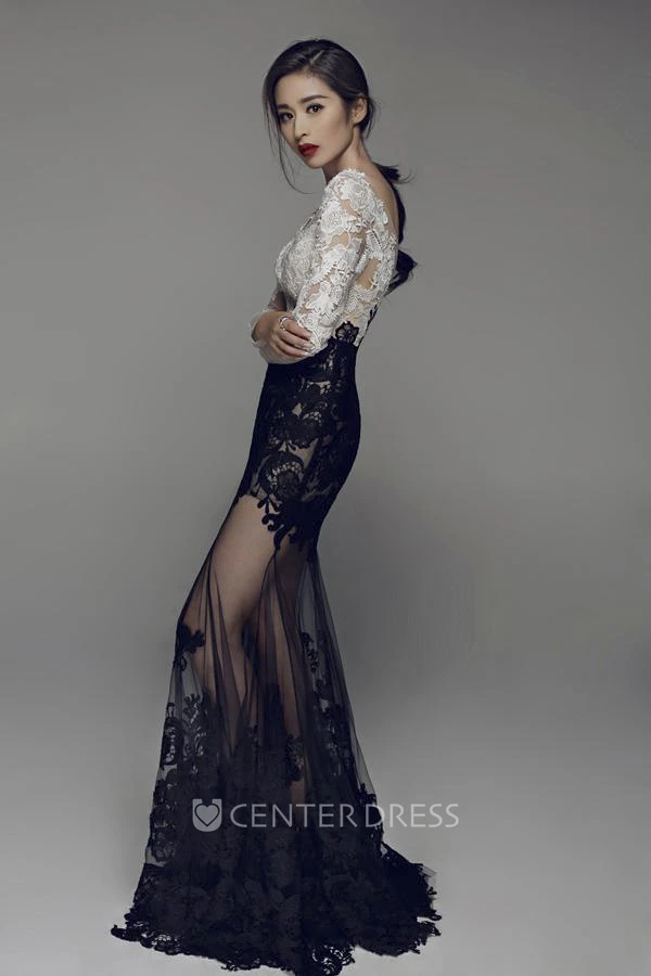 Appliqued Sexy Mermaid Illusion Long Sleeve Two Tune Dress