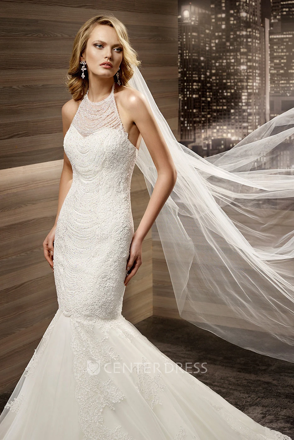 Halter-Strap Mermaid Lace Bridal Gown With Appliques And Open Back