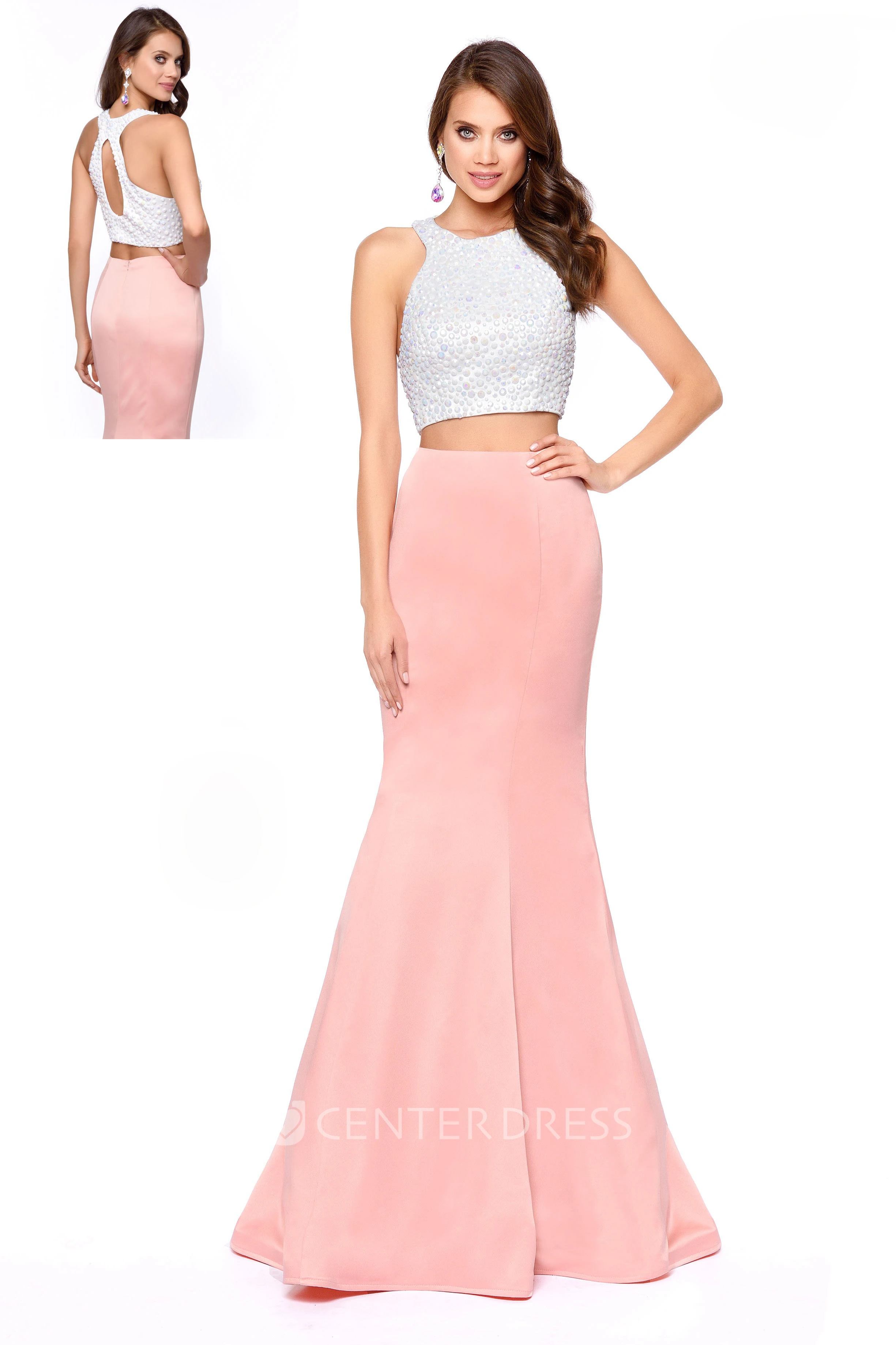 Two-Piece Sheath Long Scoop-Neck Sleeveless Jersey Dress With Beading