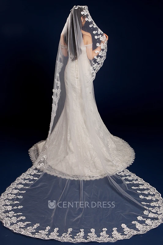 Long Tail Wedding Veil with Flowers Beading and Lace Edge