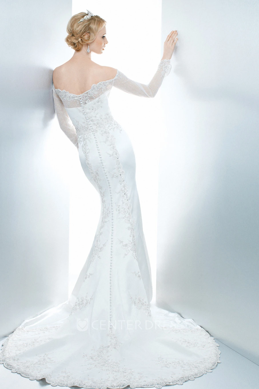 Mermaid Appliqued Off-The-Shoulder Illusion Sleeve Satin Spring Wedding Dress